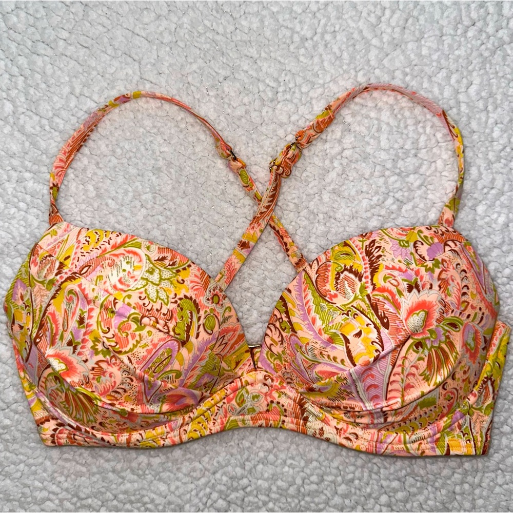 Victoria’s Secret Angel convertible push up bikini top orange floral ruched 36C